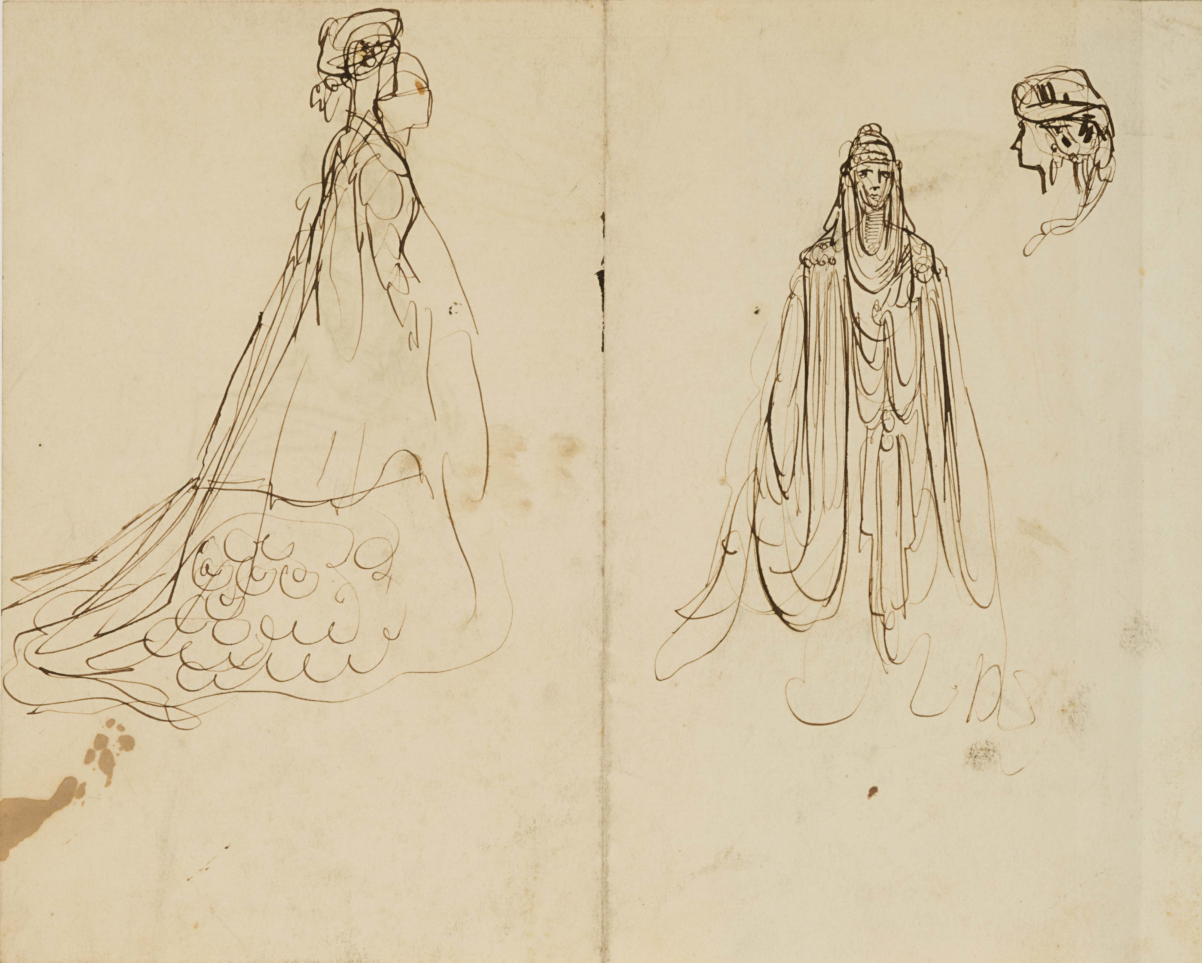 Gustave Doré — Recto two studies of women in headgear and verso two studies of women in robes and one study of a head in profile