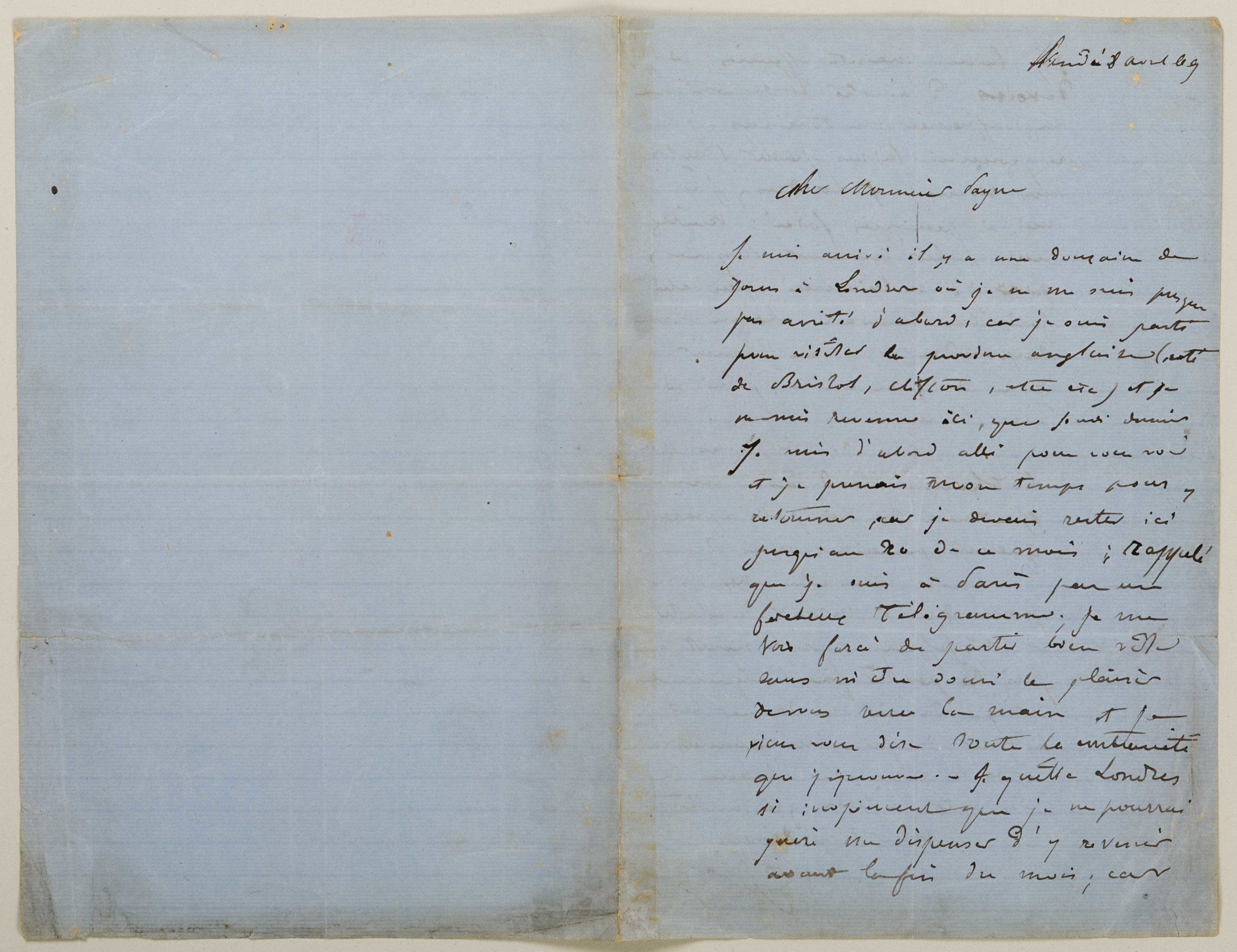 Gustave Doré — Letter on blue writing paper addressed to the publisher G.B Payne